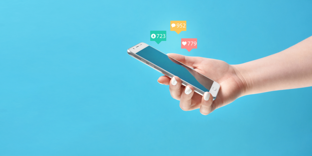 Social media phone with notifications on a blue background