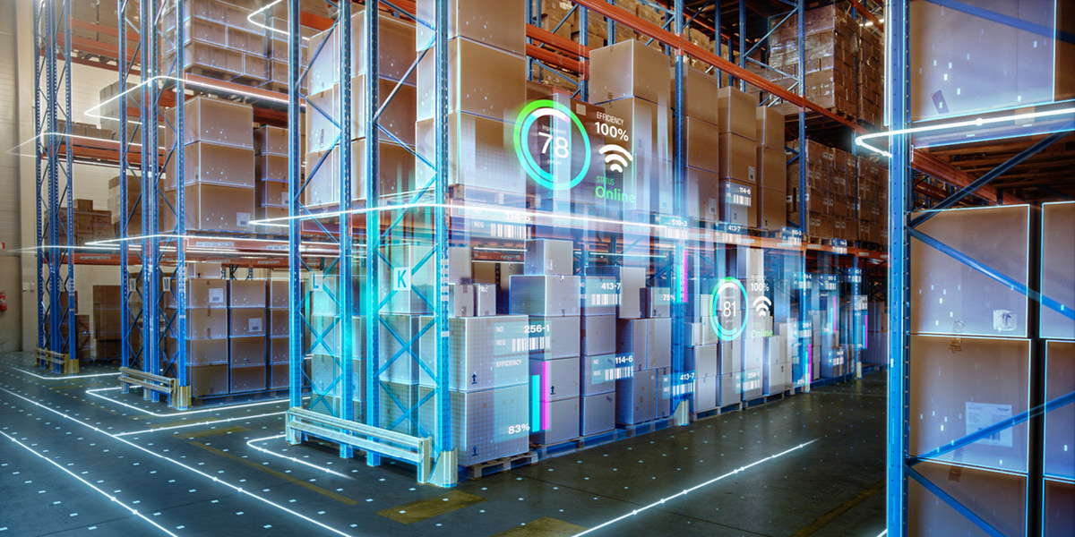Warehouse background with digital infographics displayed over the top