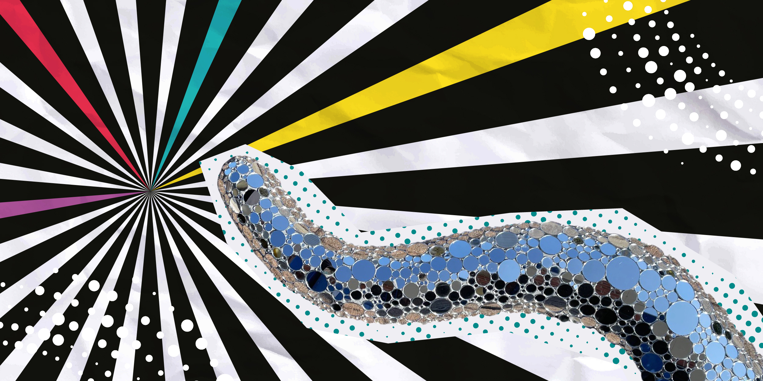Black and white background with yellow, blue, red and purple stripes with an mirrored octopus arm reaching to the Linney logo