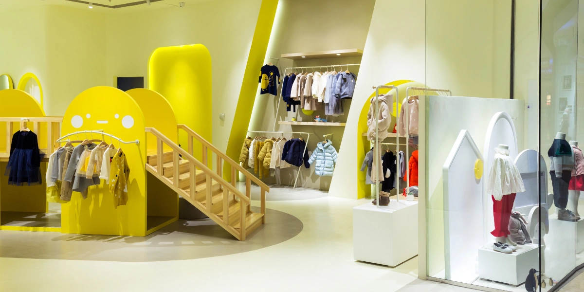 clothes for children on display in a shop