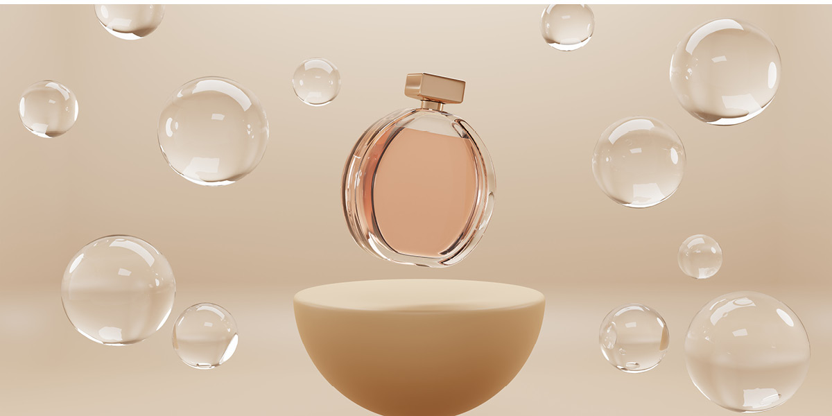 Perfume bottle floating over a beige podium with transparent bubbles floating in background