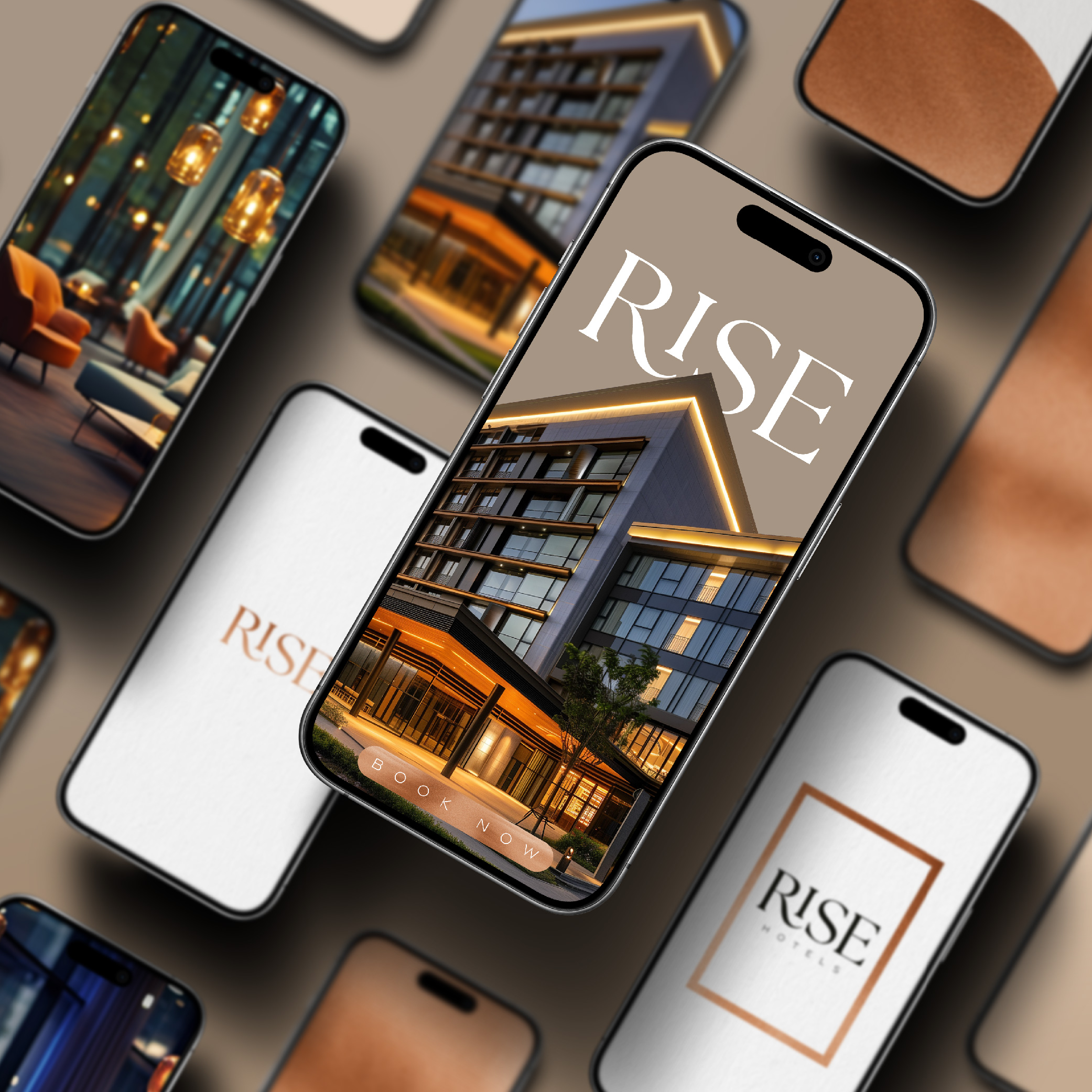 Phone screens showing mobile hotel apps