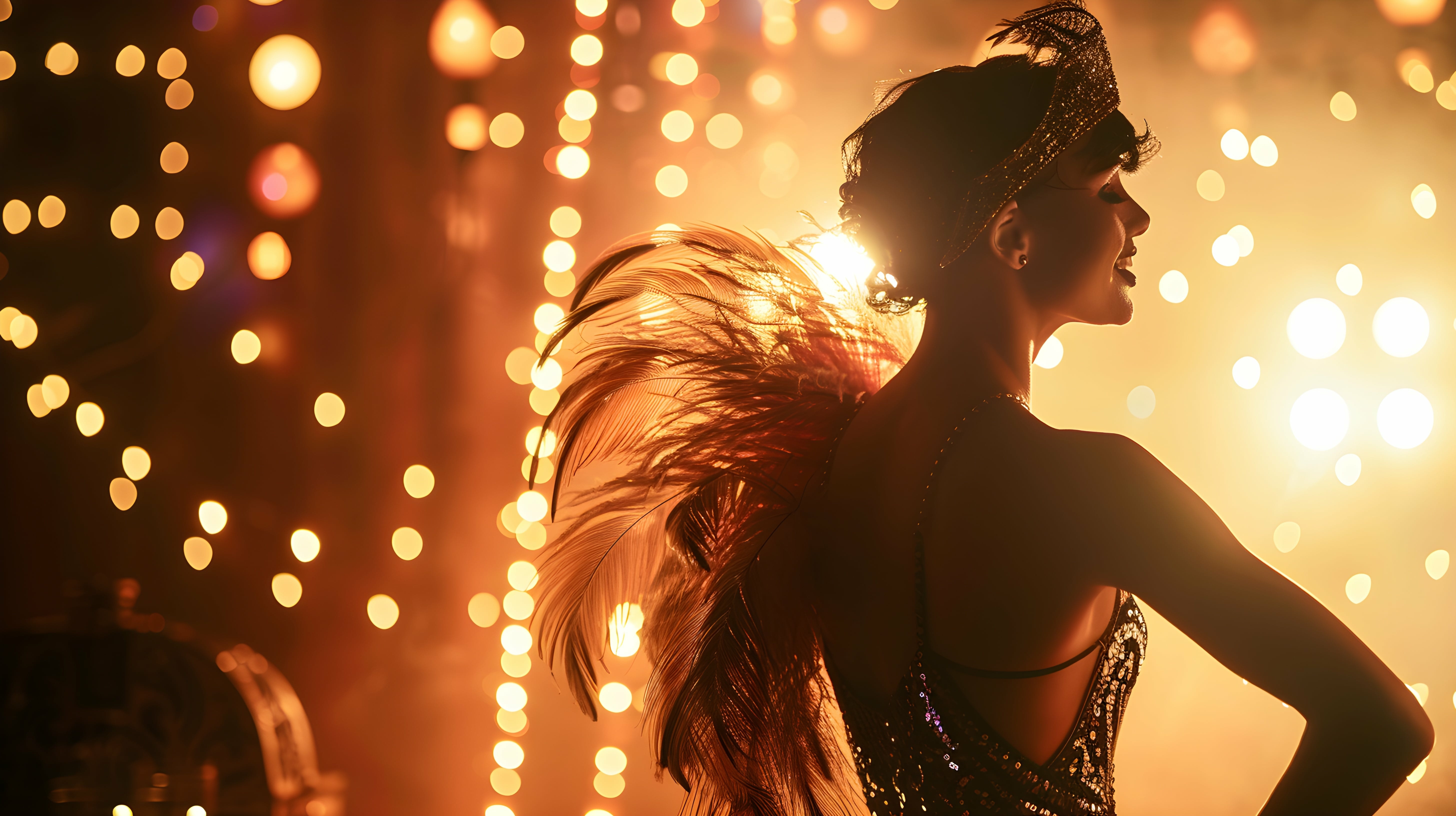 A theatre performer on stage in warm lights