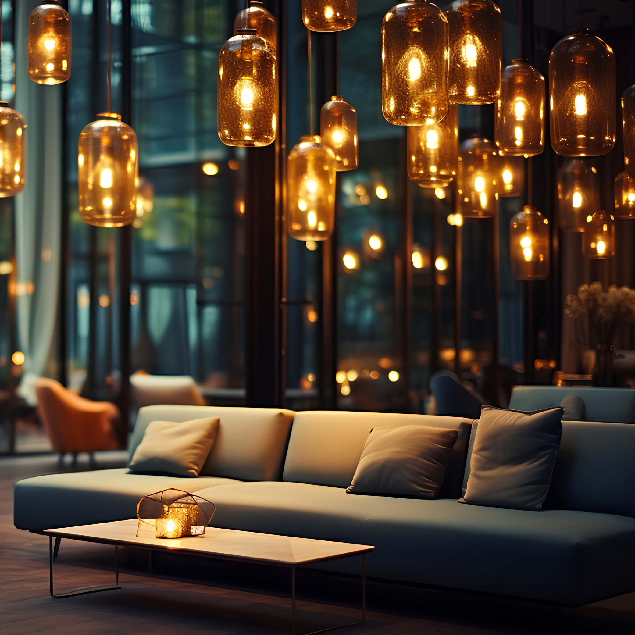 Hotel lobby with sofa seating and hanging lights