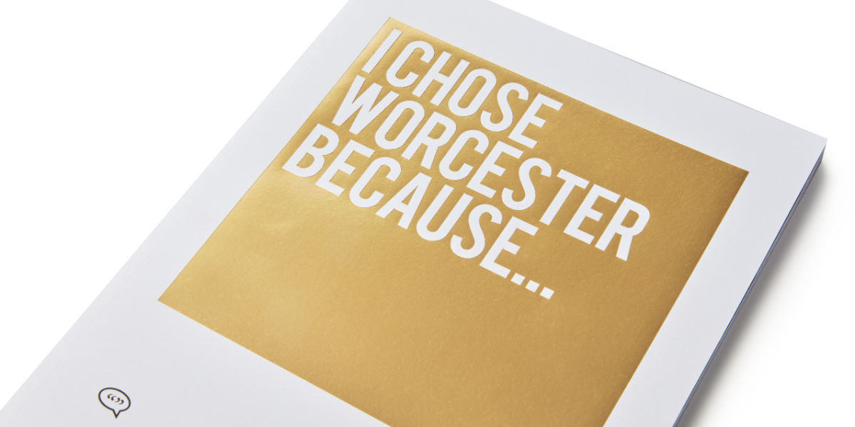 Front cover of the University of Worcester's prospectus at an angle