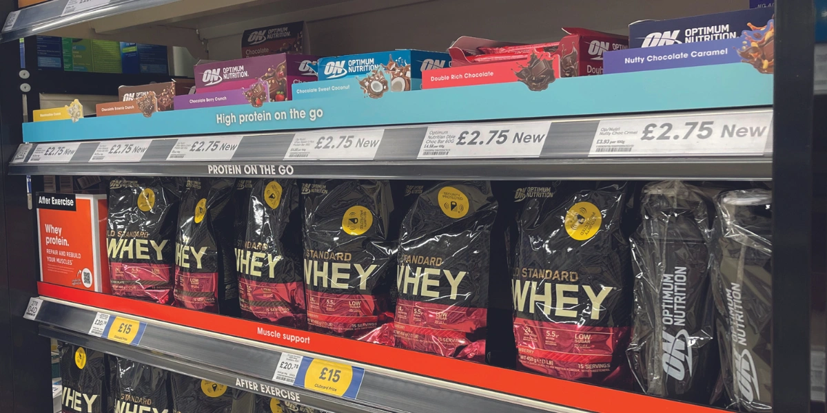 Optimum nutrition display with protein bars and WHEY