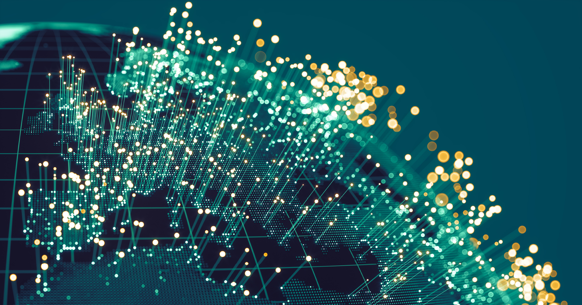 Abstract world map with yellow and green lines coming up from it