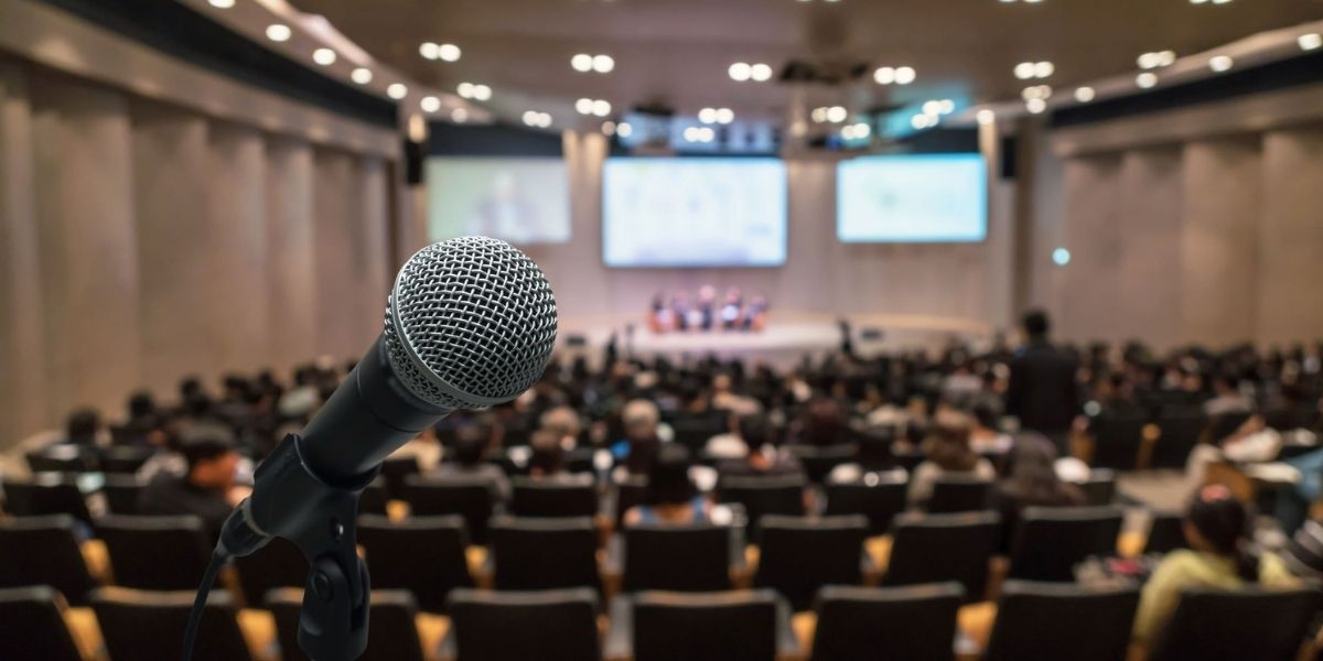 event conference room with microphone