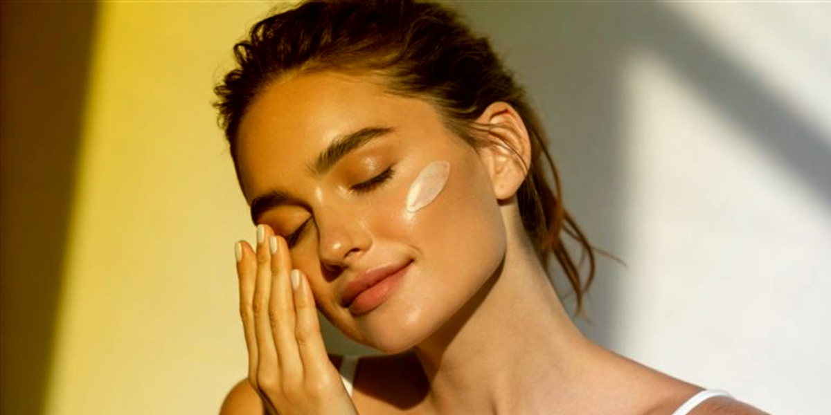 Woman looking after her skin with skincare/moisturiser 