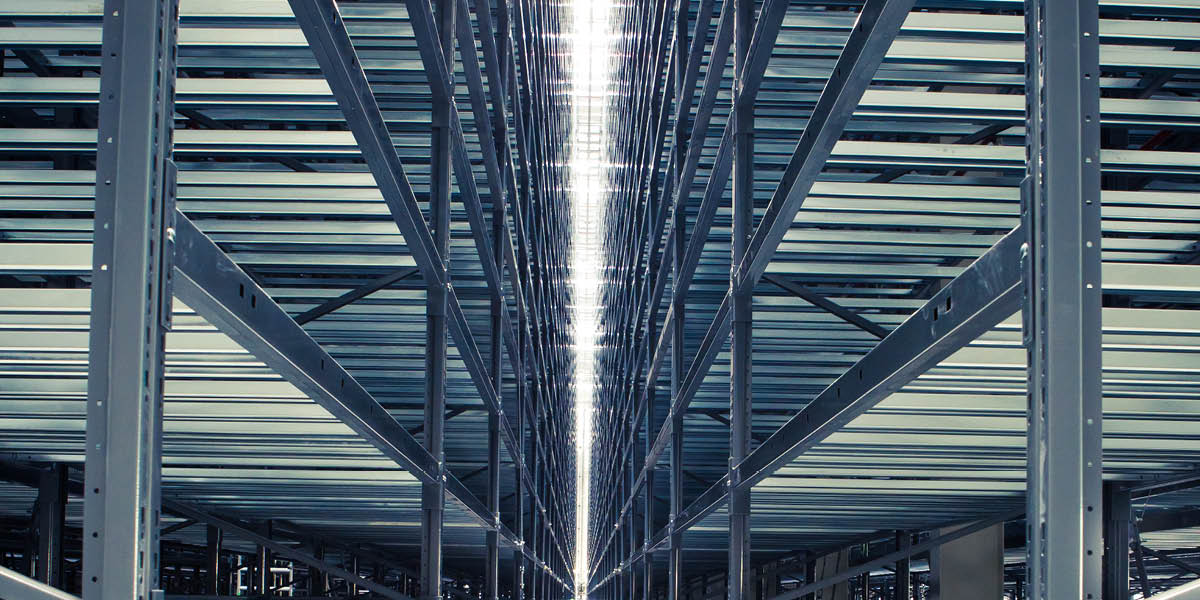 Rows of metal warehouse shelving