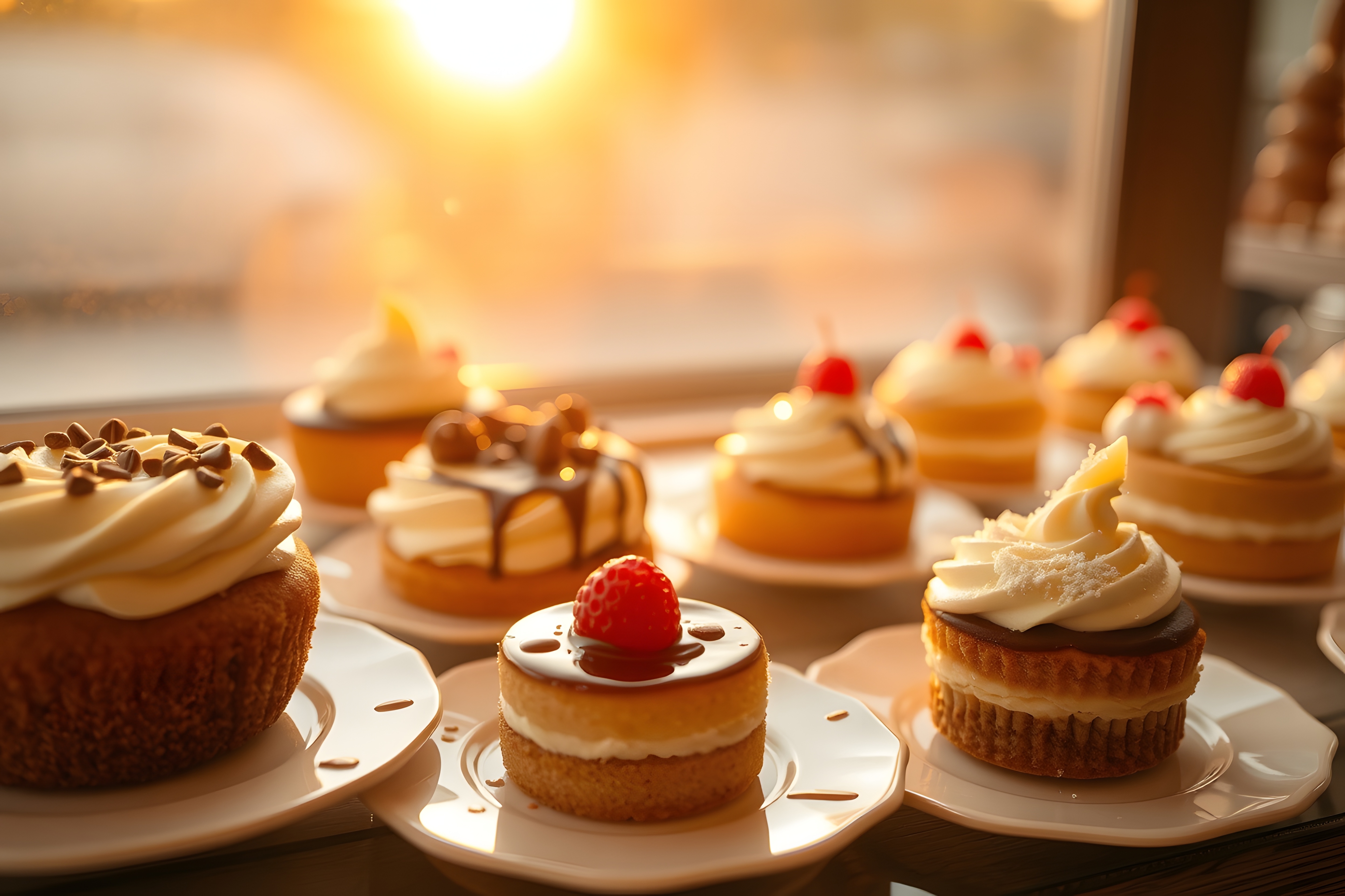 Assortment of cupcakes on plates in a window
