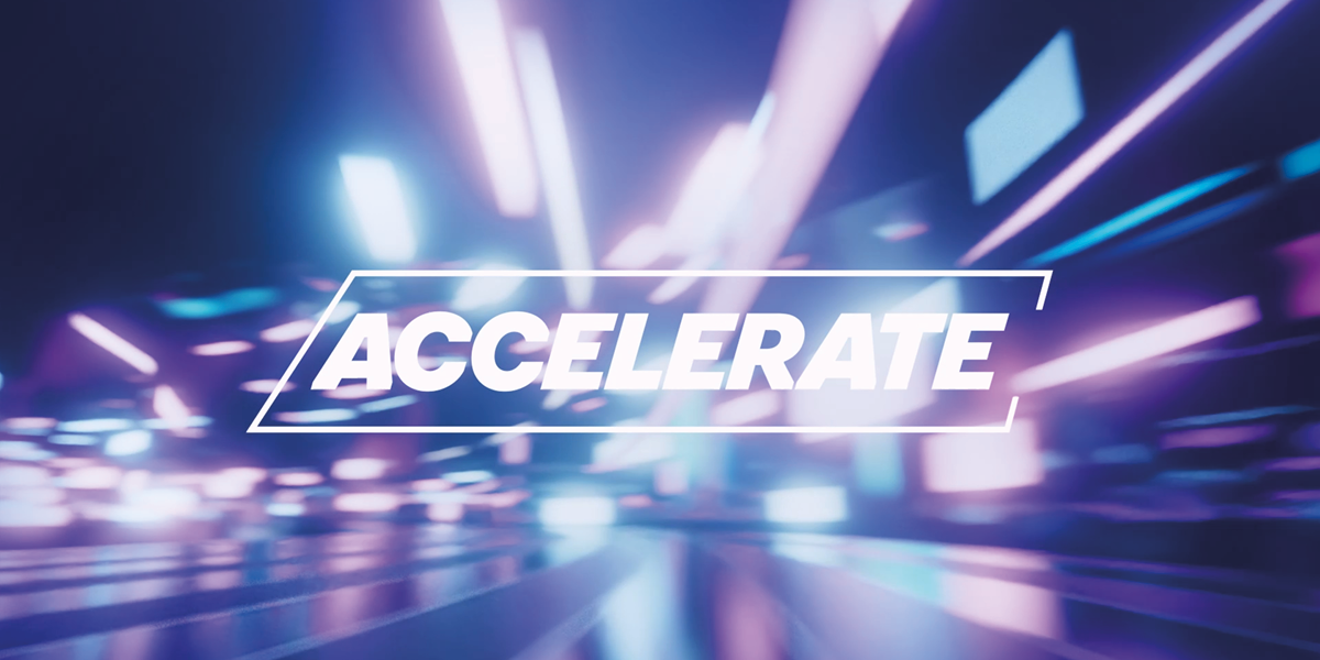 The word accelerate on a white and purple background