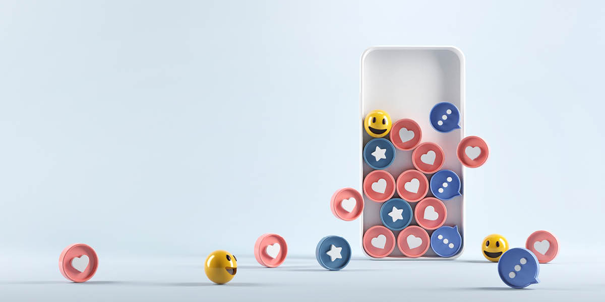 Phone with counters of likes, love hearts and emoji smiley faces