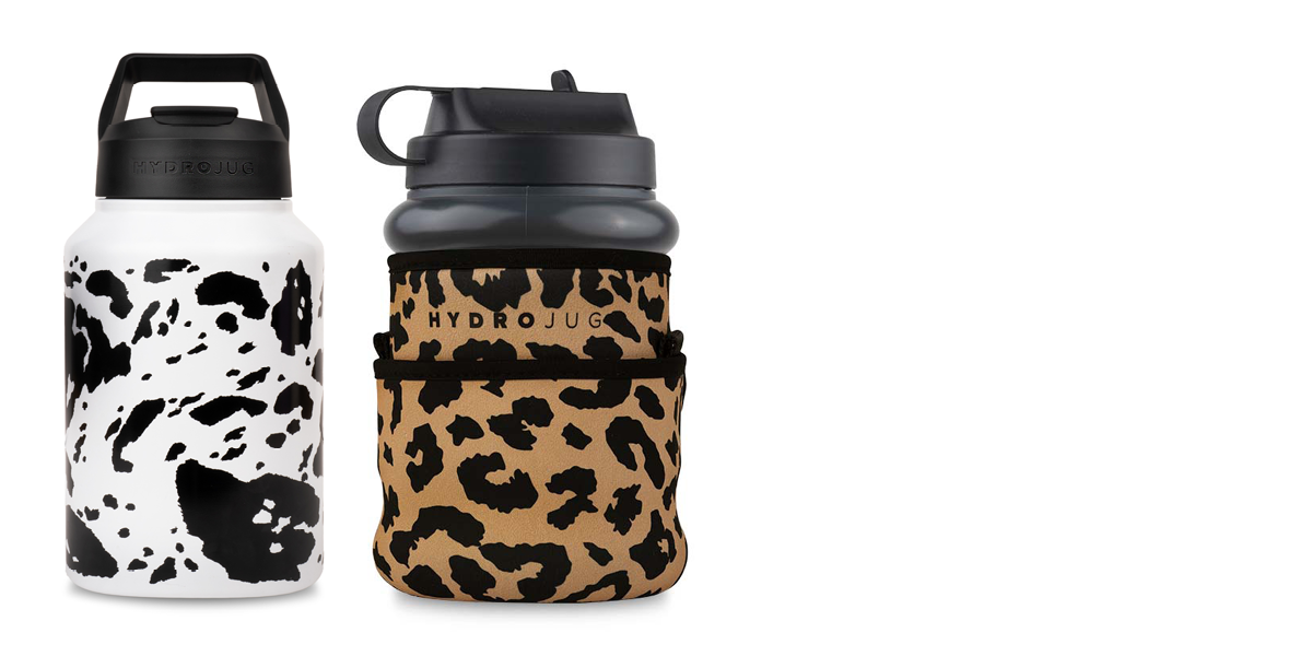 Hydrojug Product Shot Cow Print and Leopard Print Bottles