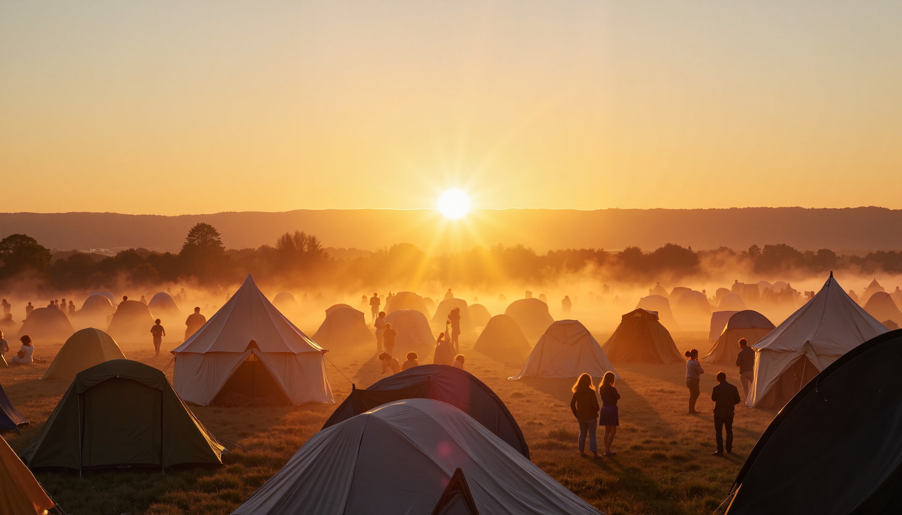 Luxury festival camping in the mist at sunset