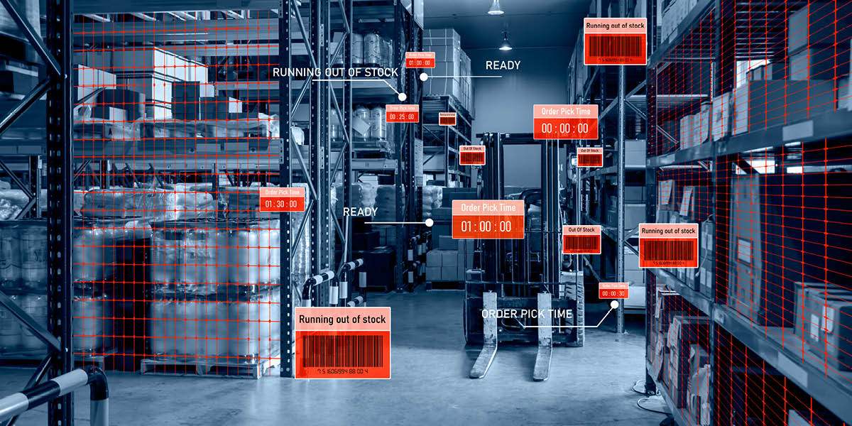 Warehouse with augmented reality labels and barcodes floating next to parcels