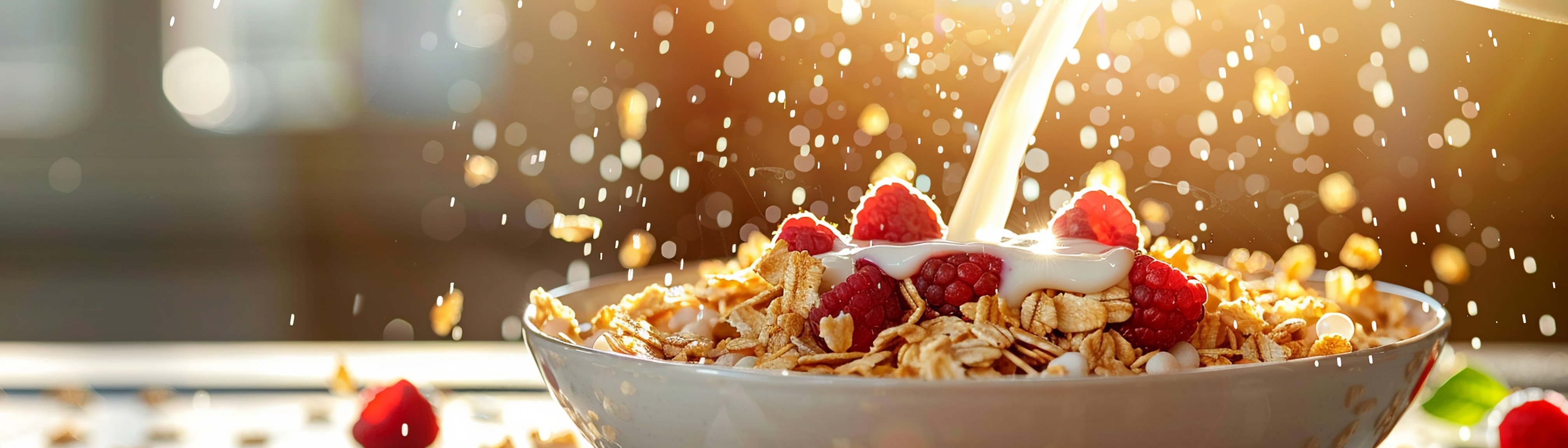 Milk being poured over cereal and raspberries