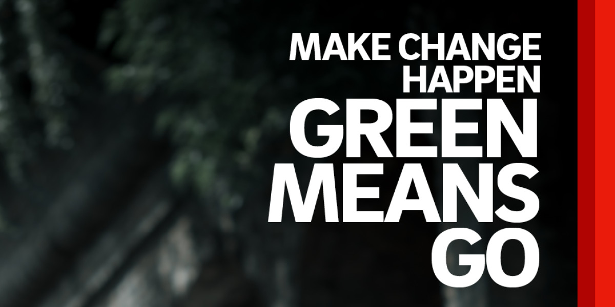 Campaign banner with the text Make Change Happen Green Means Go with a black background